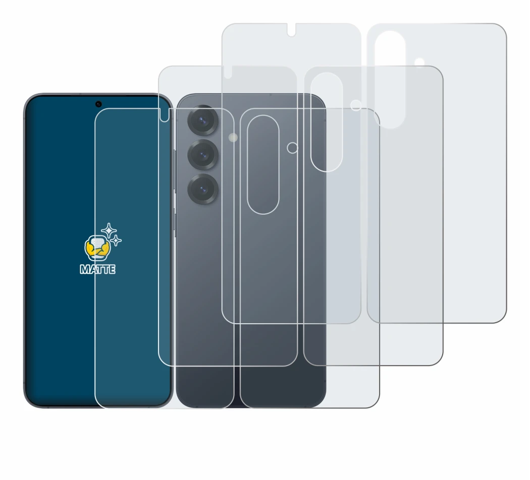 Imagen del dispositivo Samsung Galaxy S25 (Frontal+Trasero) con una amplia variedad de protectores de pantalla.