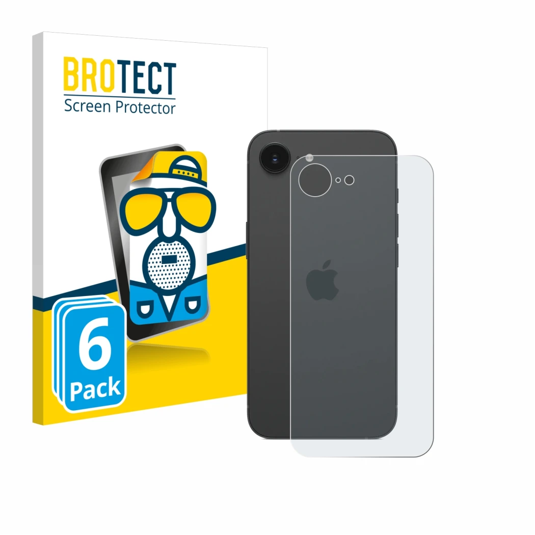 Parte frontal de un envase de producto con el logotipo de la marca BROTECT. Al lado se muestra el dispositivo Apple iPhone 16e