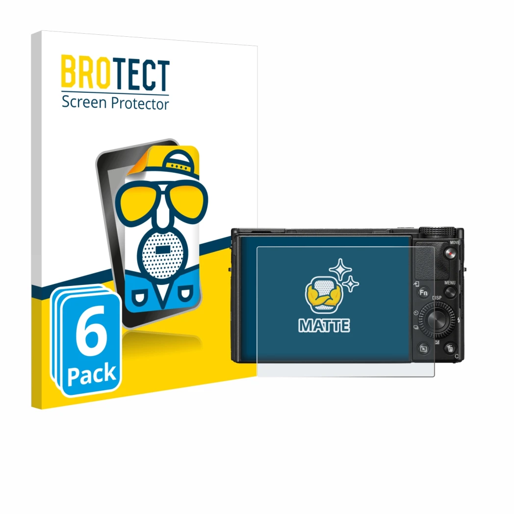 Parte frontal de un envase de producto con el logotipo de la marca BROTECT. Al lado se muestra el dispositivo Sony Cyber-Shot 