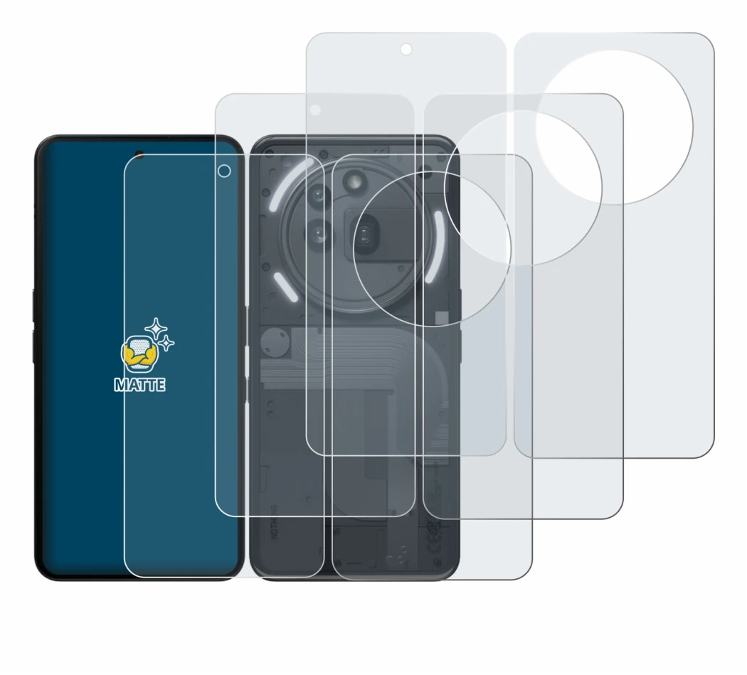 Imagen del dispositivo Nothing Phone (3a) Pro (Frontal+Trasero) con una amplia variedad de protectores de pantalla.