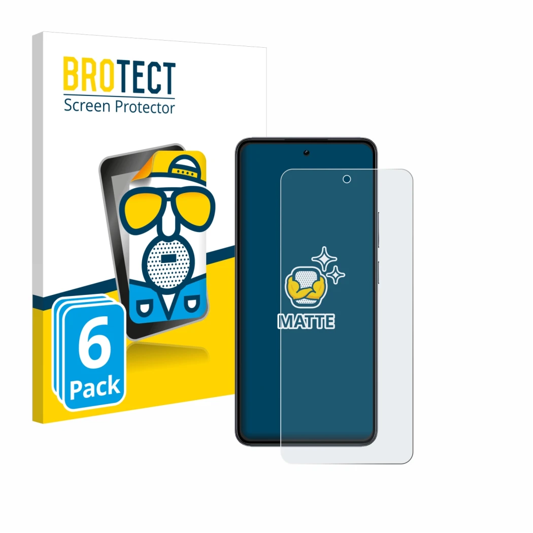 Parte frontal de un envase de producto con el logotipo de la marca BROTECT. Al lado se muestra el dispositivo realme 14 con su