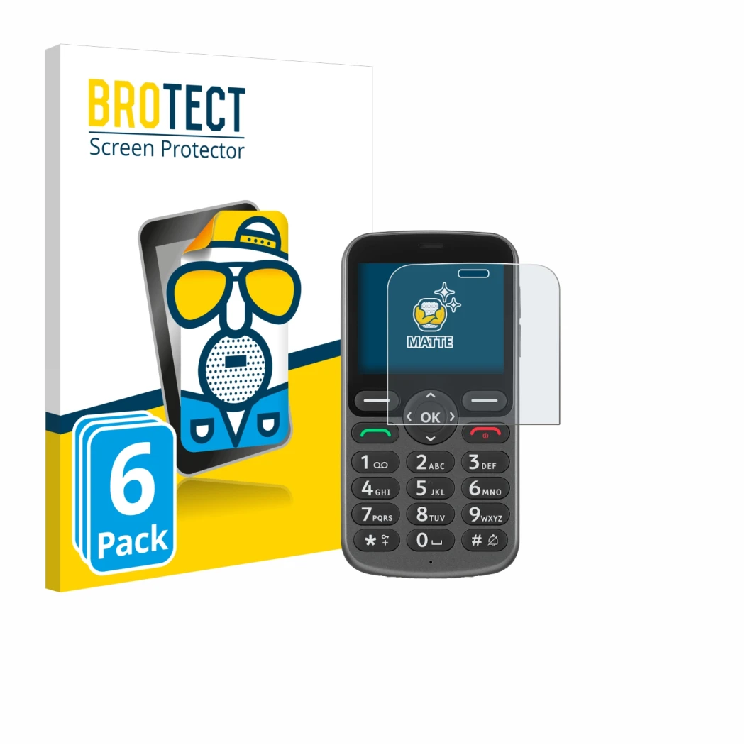 Parte frontal de un envase de producto con el logotipo de la marca BROTECT. Al lado se muestra el dispositivo Doro 1380 con su