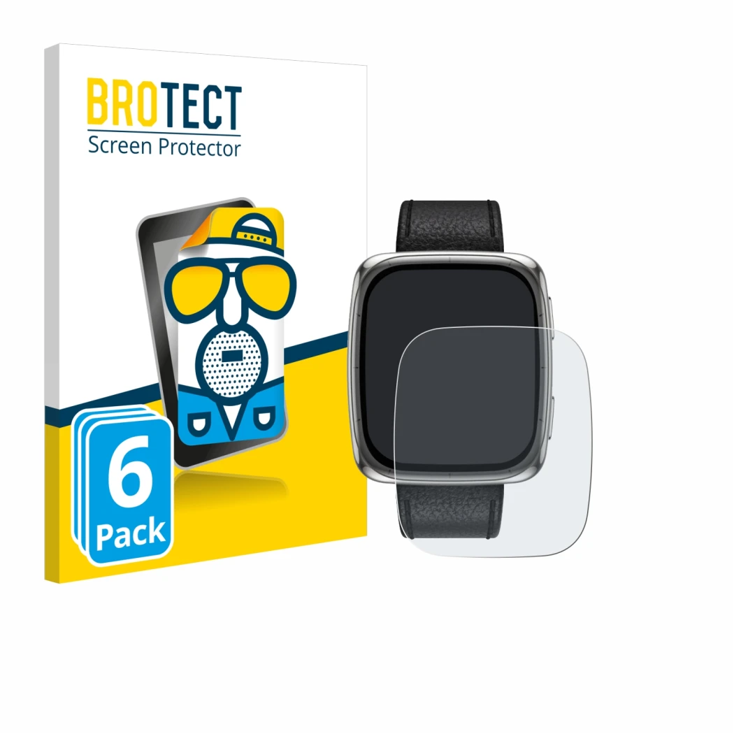 Parte frontal de un envase de producto con el logotipo de la marca BROTECT. Al lado se muestra el dispositivo Amazfit Active 2