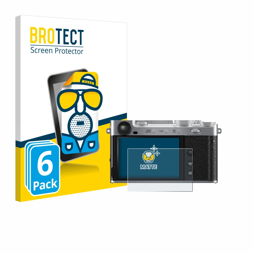 Parte frontal de un envase de producto con el logotipo de la marca BROTECT. Al lado se muestra el dispositivo Fujifilm X-E5 co