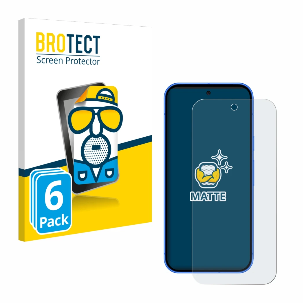 Parte frontal de un envase de producto con el logotipo de la marca BROTECT. Al lado se muestra el dispositivo Google Pixel 10 
