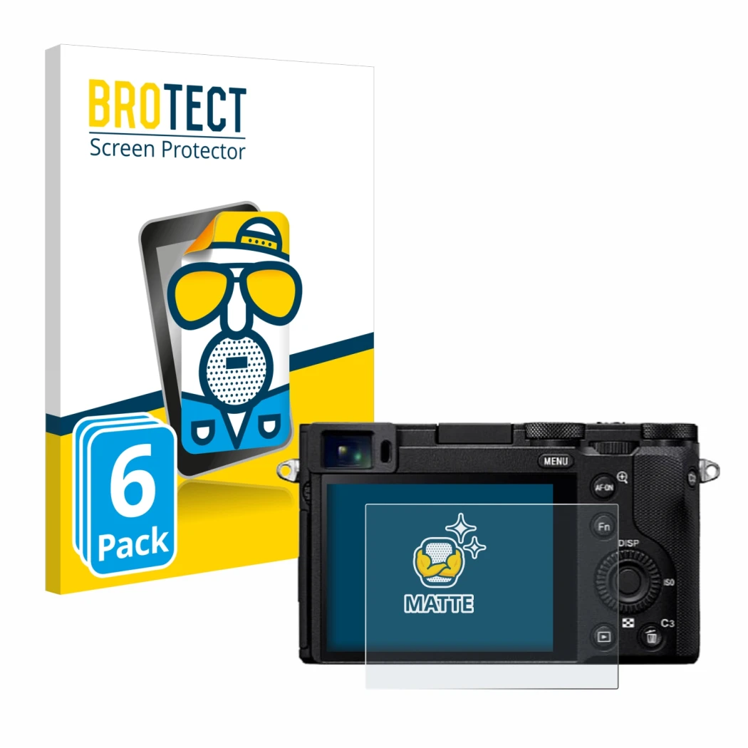 Parte frontal de un envase de producto con el logotipo de la marca BROTECT. Al lado se muestra el dispositivo Sony RX1R III co