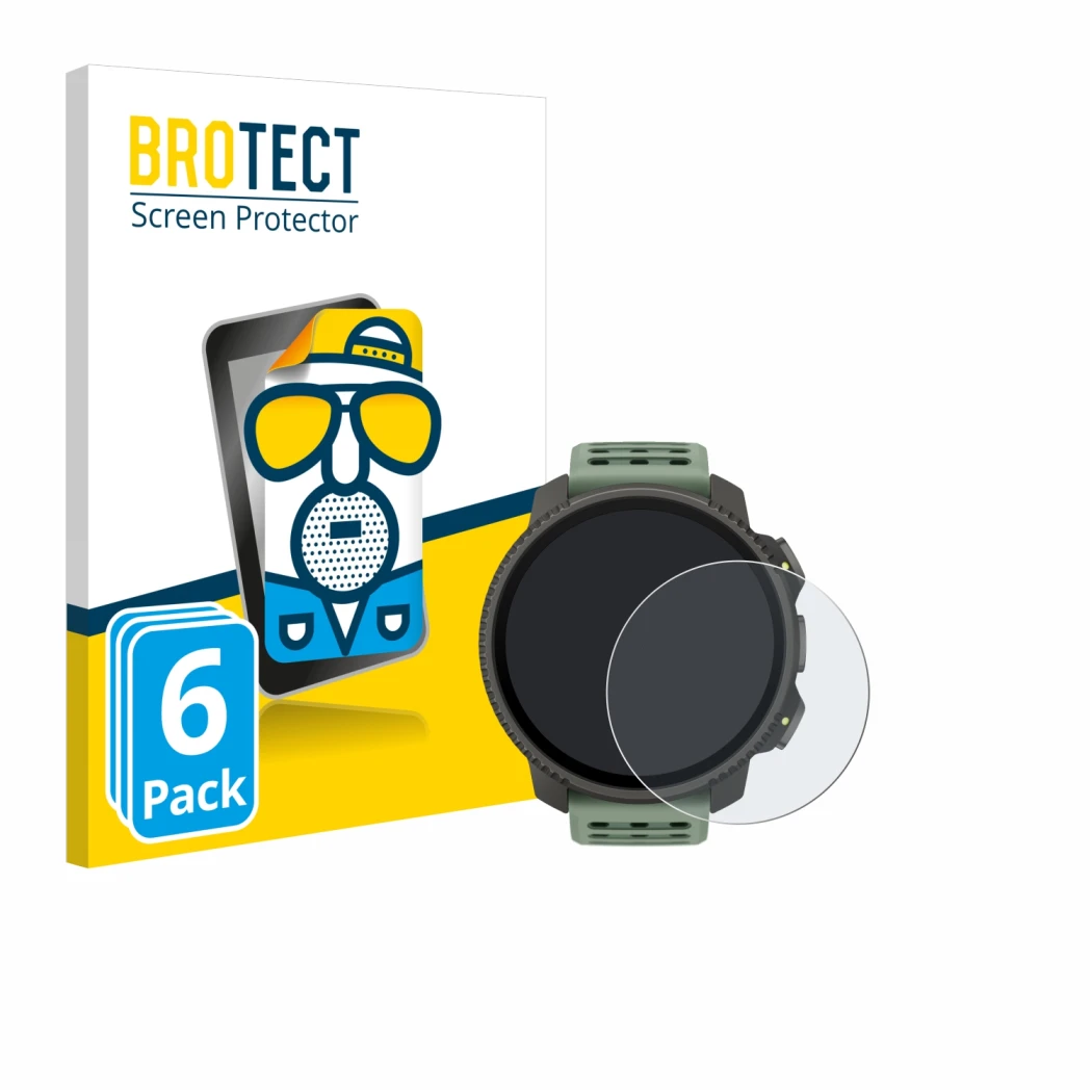 Parte frontal de un envase de producto con el logotipo de la marca BROTECT. Al lado se muestra el dispositivo Suunto Vertical