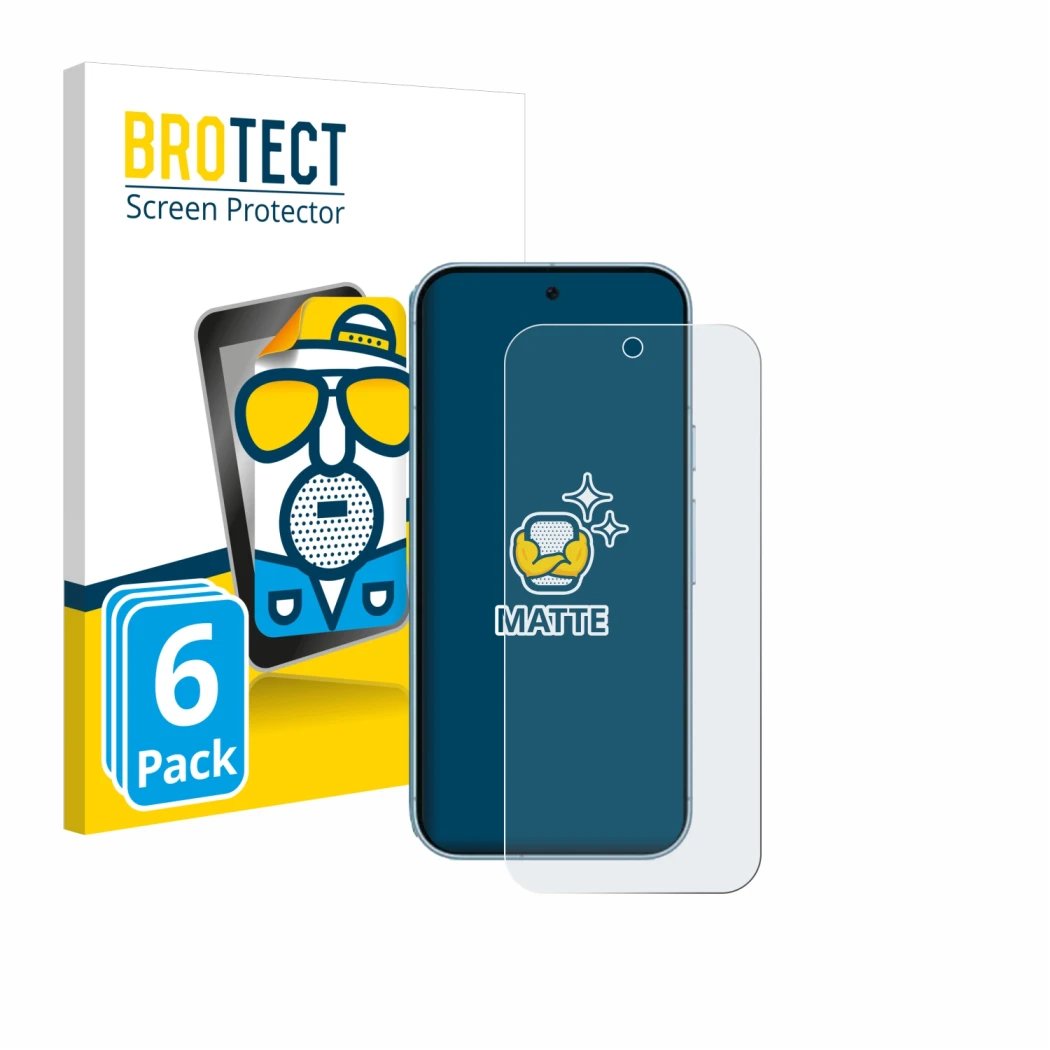 Parte frontal de un envase de producto con el logotipo de la marca BROTECT. Al lado se muestra el dispositivo Google Pixel 9 (