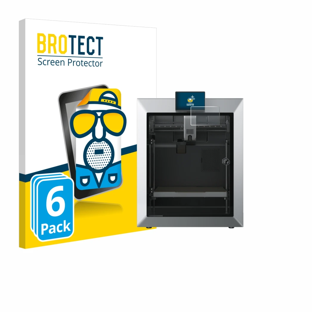 Parte frontal de un envase de producto con el logotipo de la marca BROTECT. Al lado se muestra el dispositivo Qidi Tech Q2 con