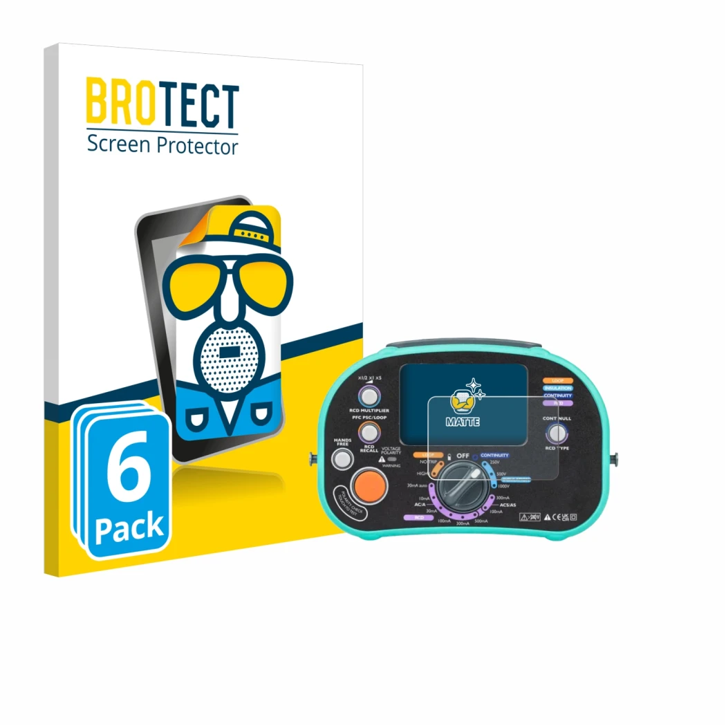 Parte frontal de un envase de producto con el logotipo de la marca BROTECT. Al lado se muestra el dispositivo Kewtech KT63DL c