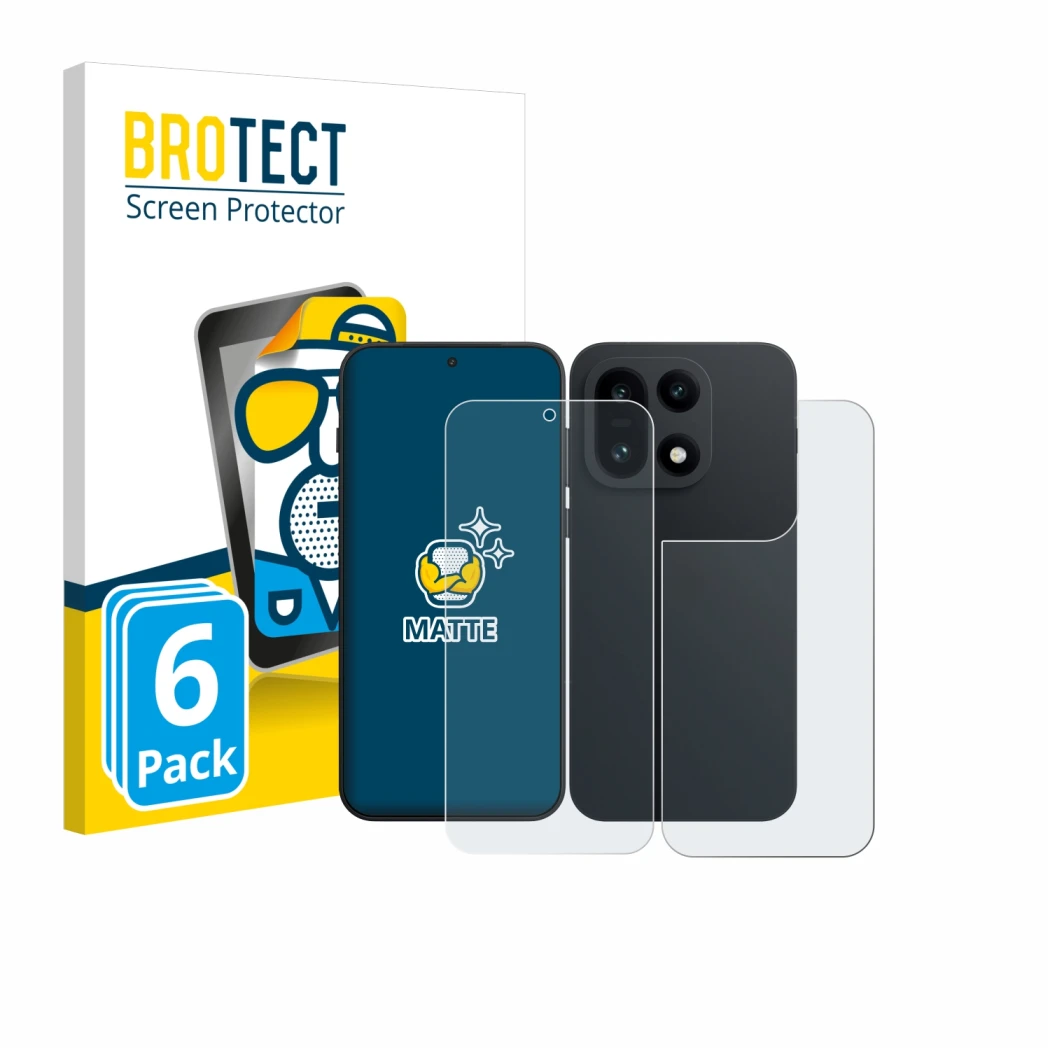 Parte frontal de un envase de producto con el logotipo de la marca BROTECT. Al lado se muestra el dispositivo OnePlus 15 (Fron