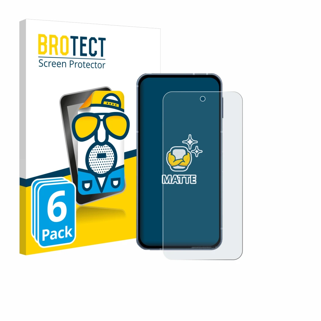 Parte frontal de un envase de producto con el logotipo de la marca BROTECT. Al lado se muestra el dispositivo Sharp Aquos Sens