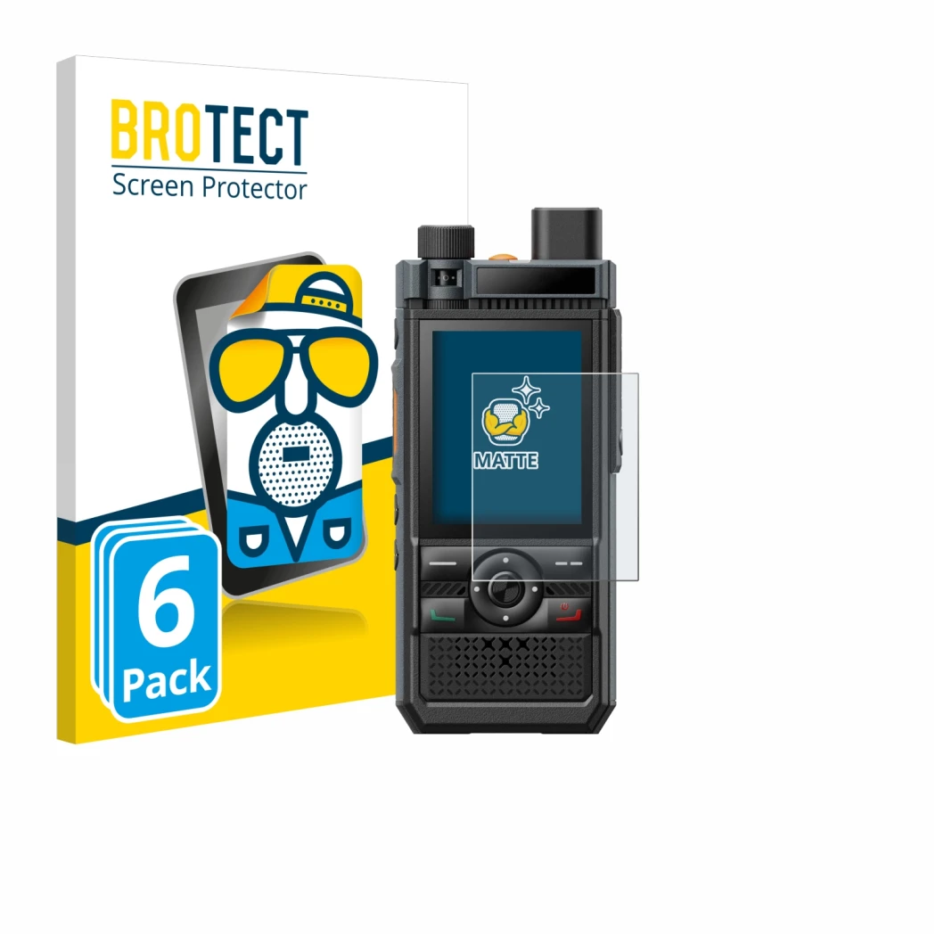 Parte frontal de un envase de producto con el logotipo de la marca BROTECT. Al lado se muestra el dispositivo Hytera P50 Pro c