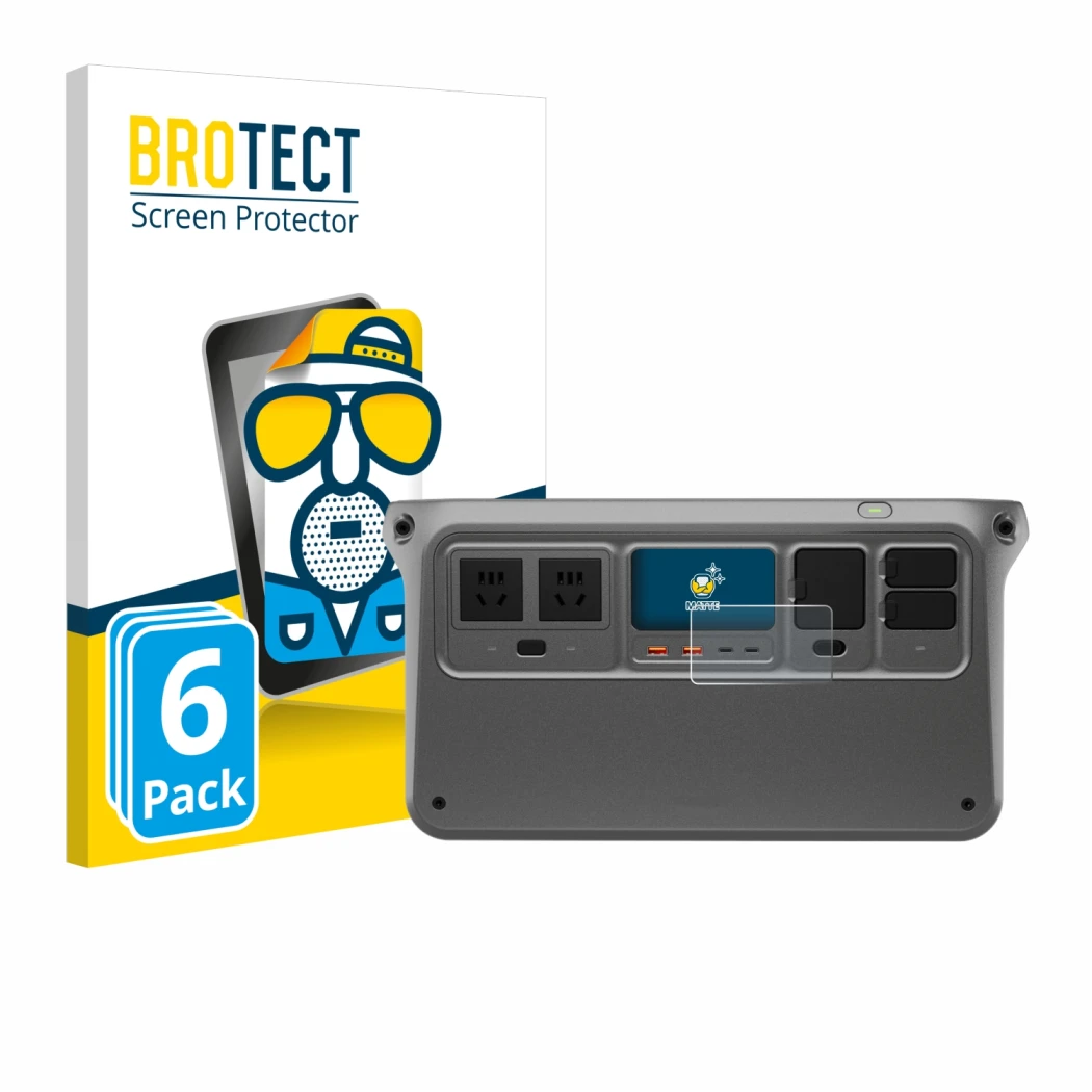 Parte frontal de un envase de producto con el logotipo de la marca BROTECT. Al lado se muestra el dispositivo DJI Power 1000 c