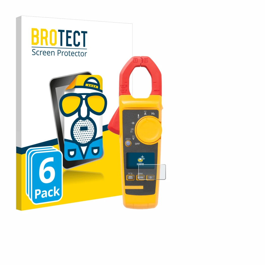 Parte frontal de un envase de producto con el logotipo de la marca BROTECT. Al lado se muestra el dispositivo Fluke 325 con su