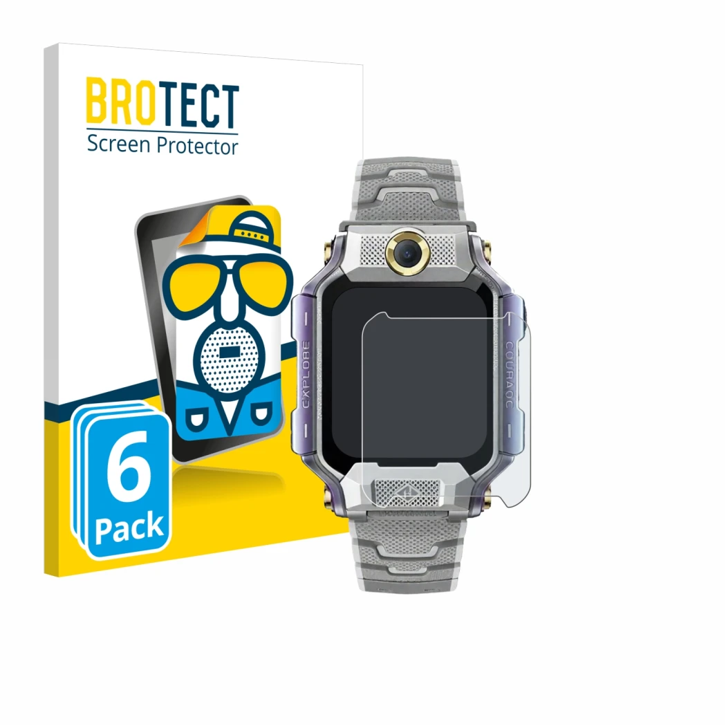 Parte frontal de un envase de producto con el logotipo de la marca BROTECT. Al lado se muestra el dispositivo Imoo Watch Phone