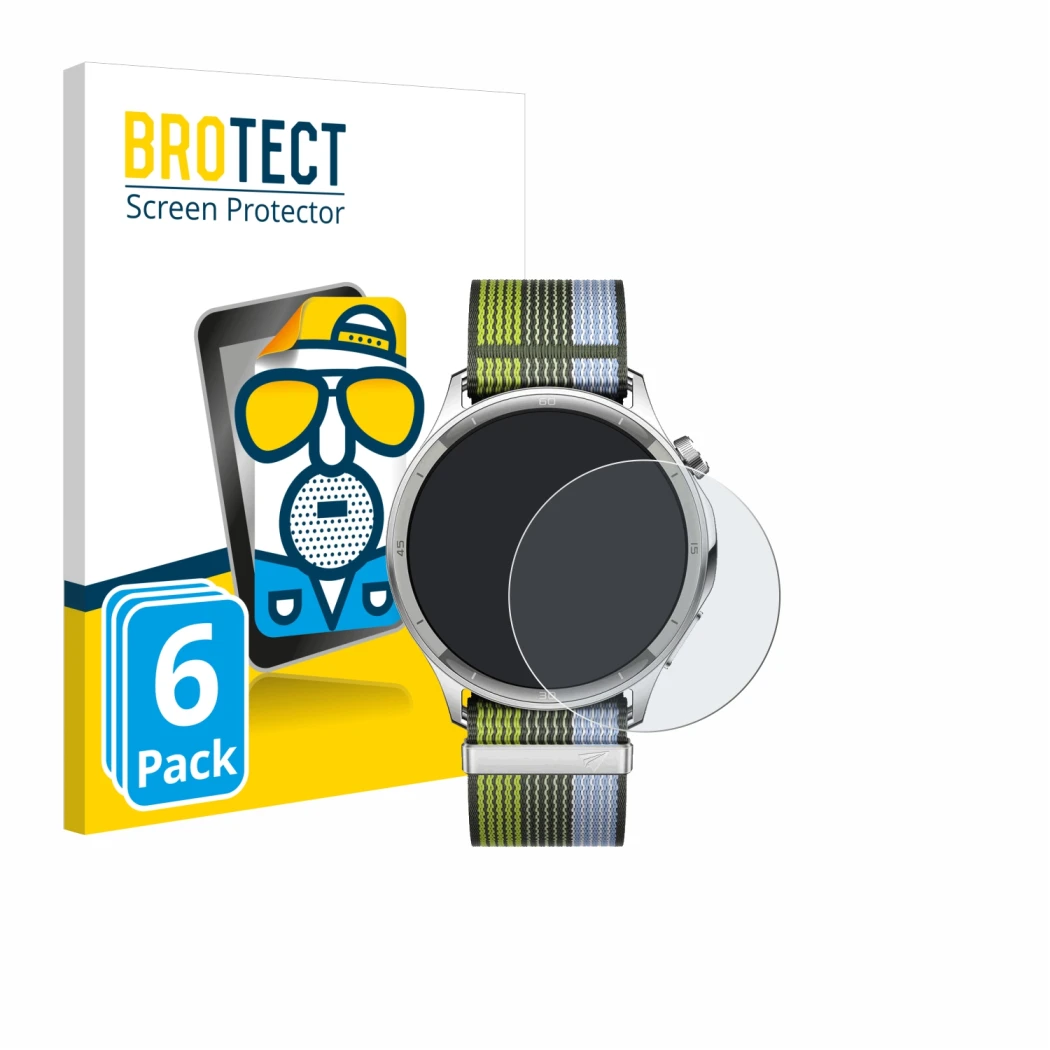 Parte frontal de un envase de producto con el logotipo de la marca BROTECT. Al lado se muestra el dispositivo Oppo Watch S con