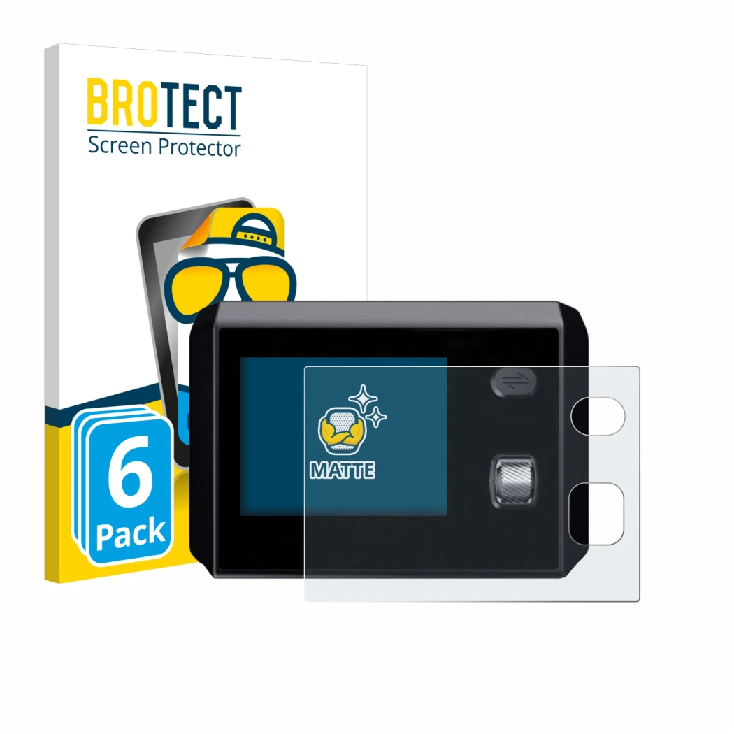 Parte frontal de un envase de producto con el logotipo de la marca BROTECT. Al lado se muestra el dispositivo SkyRC MC5000 con