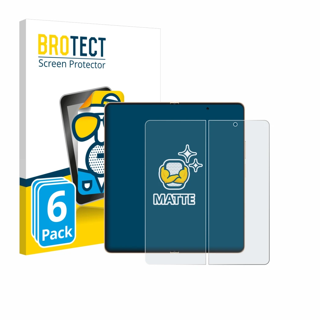 Parte frontal de un envase de producto con el logotipo de la marca BROTECT. Al lado se muestra el dispositivo Honor Magic V6 (
