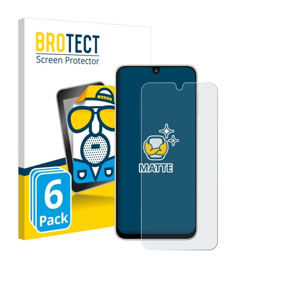 Parte frontal de un envase de producto con el logotipo de la marca BROTECT. Al lado se muestra el dispositivo Samsung Galaxy M