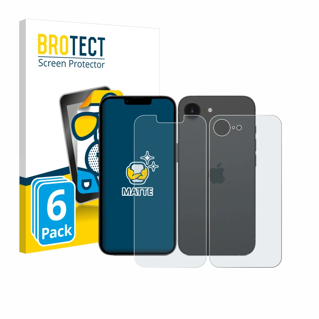 Parte frontal de un envase de producto con el logotipo de la marca BROTECT. Al lado se muestra el dispositivo Apple iPhone 17e