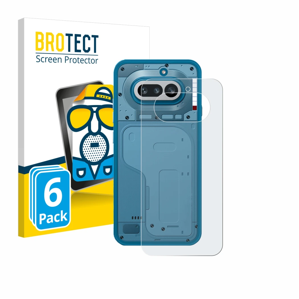 Parte frontal de un envase de producto con el logotipo de la marca BROTECT. Al lado se muestra el dispositivo Nothing Phone (4