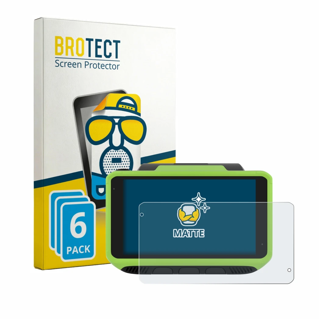 Parte frontal de un envase de producto con el logotipo de la marca BROTECT. Al lado se muestra el dispositivo Zebra WT6400 con