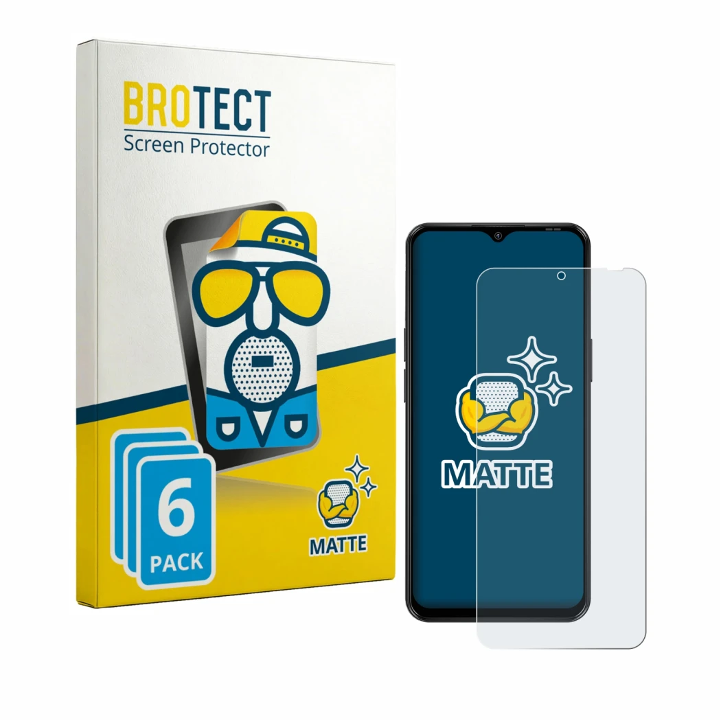Parte frontal de un envase de producto con el logotipo de la marca BROTECT. Al lado se muestra el dispositivo Blackview Wave 7