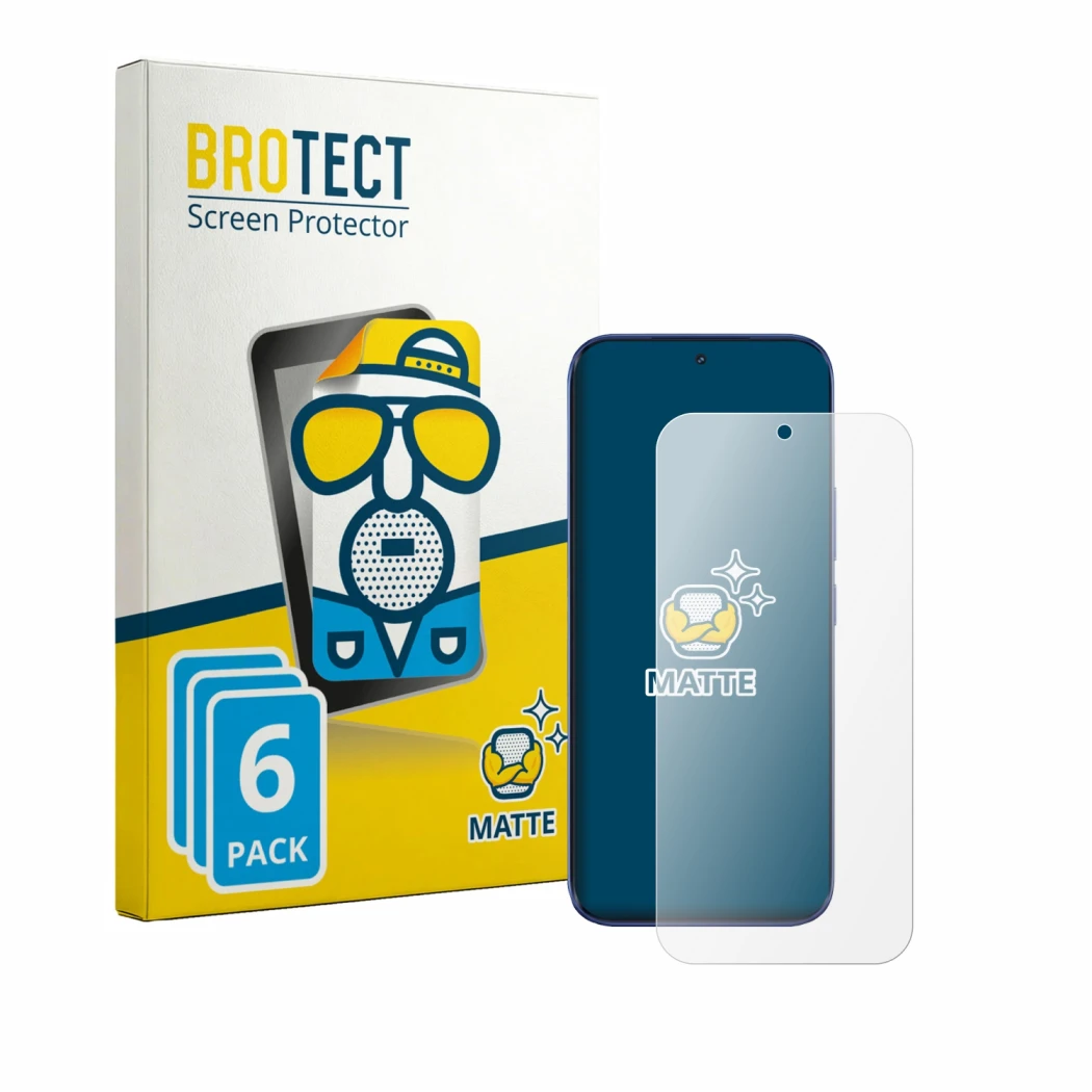 Parte frontal de un envase de producto con el logotipo de la marca BROTECT. Al lado se muestra el dispositivo Tecno Camon Slim