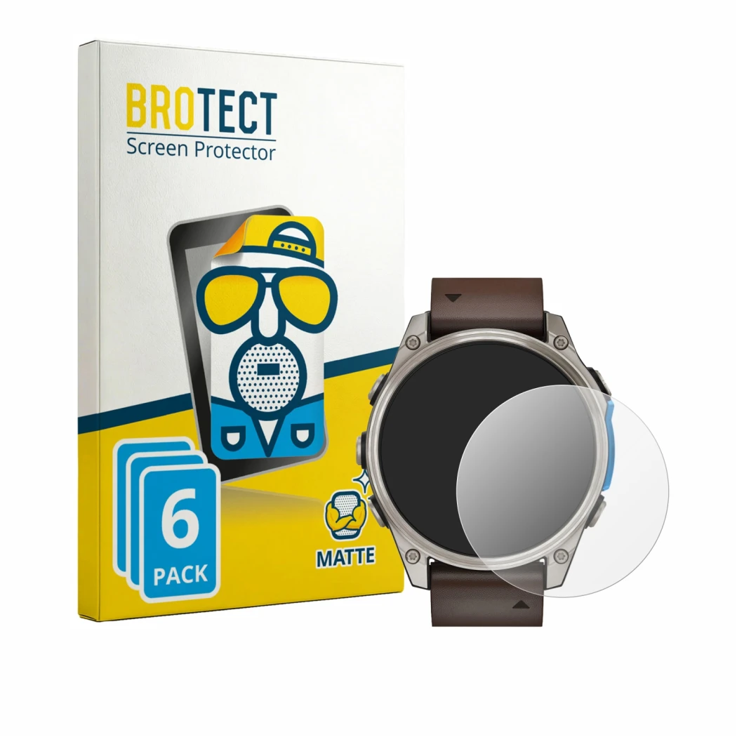Parte frontal de un envase de producto con el logotipo de la marca BROTECT. Al lado se muestra el dispositivo Garmin D2 Mach 2