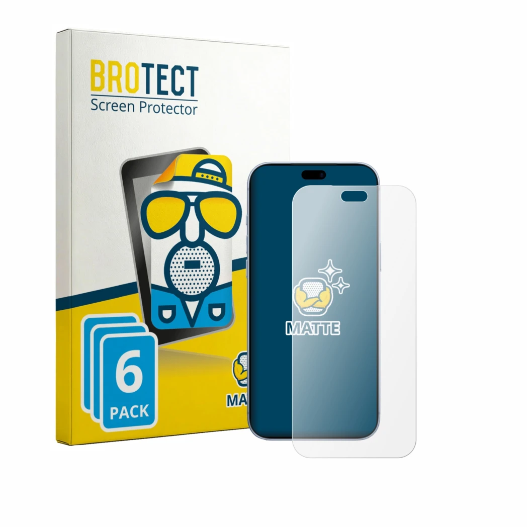 Parte frontal de un envase de producto con el logotipo de la marca BROTECT. Al lado se muestra el dispositivo Apple iPhone 18