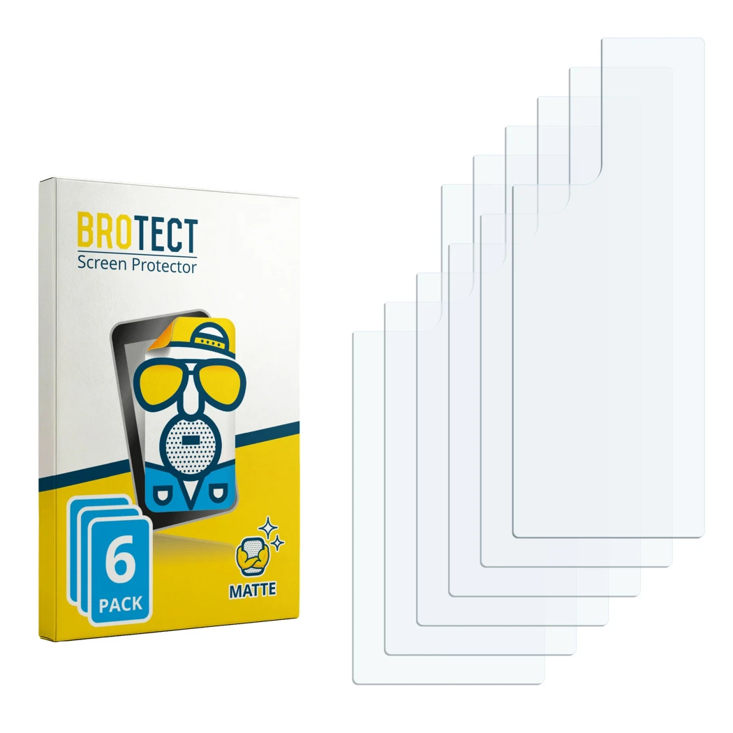 Parte frontal de un envase de producto con el logotipo de la marca BROTECT. Al lado está el protector de pantalla correspondie
