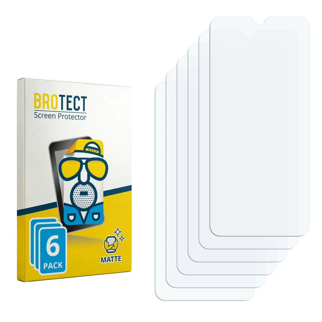Parte frontal de un envase de producto con el logotipo de la marca BROTECT. Al lado está el protector de pantalla correspondie