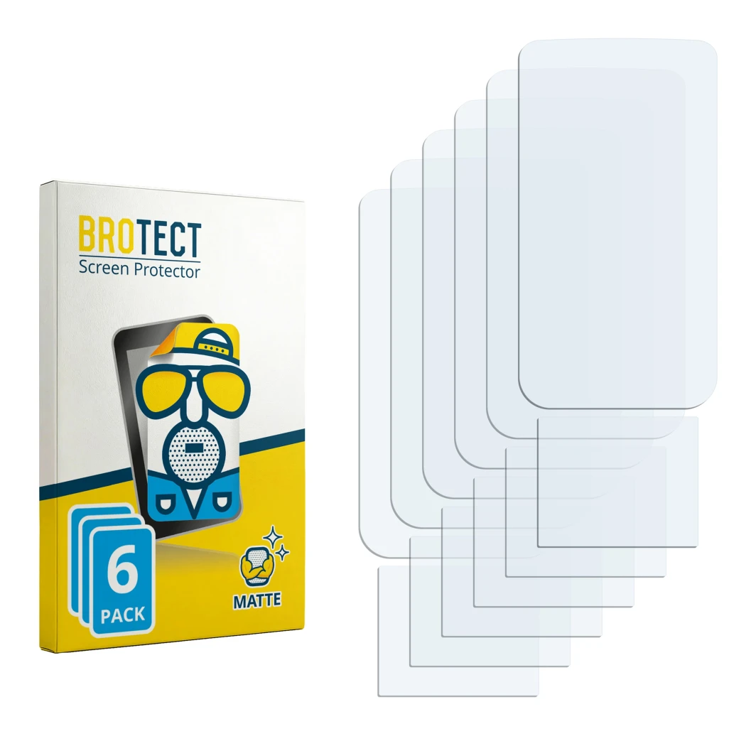 Parte frontal de un envase de producto con el logotipo de la marca BROTECT. Al lado está el protector de pantalla correspondie