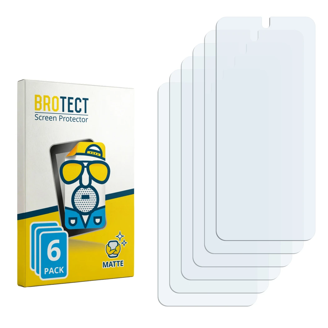 Parte frontal de un envase de producto con el logotipo de la marca BROTECT. Al lado está el protector de pantalla correspondie