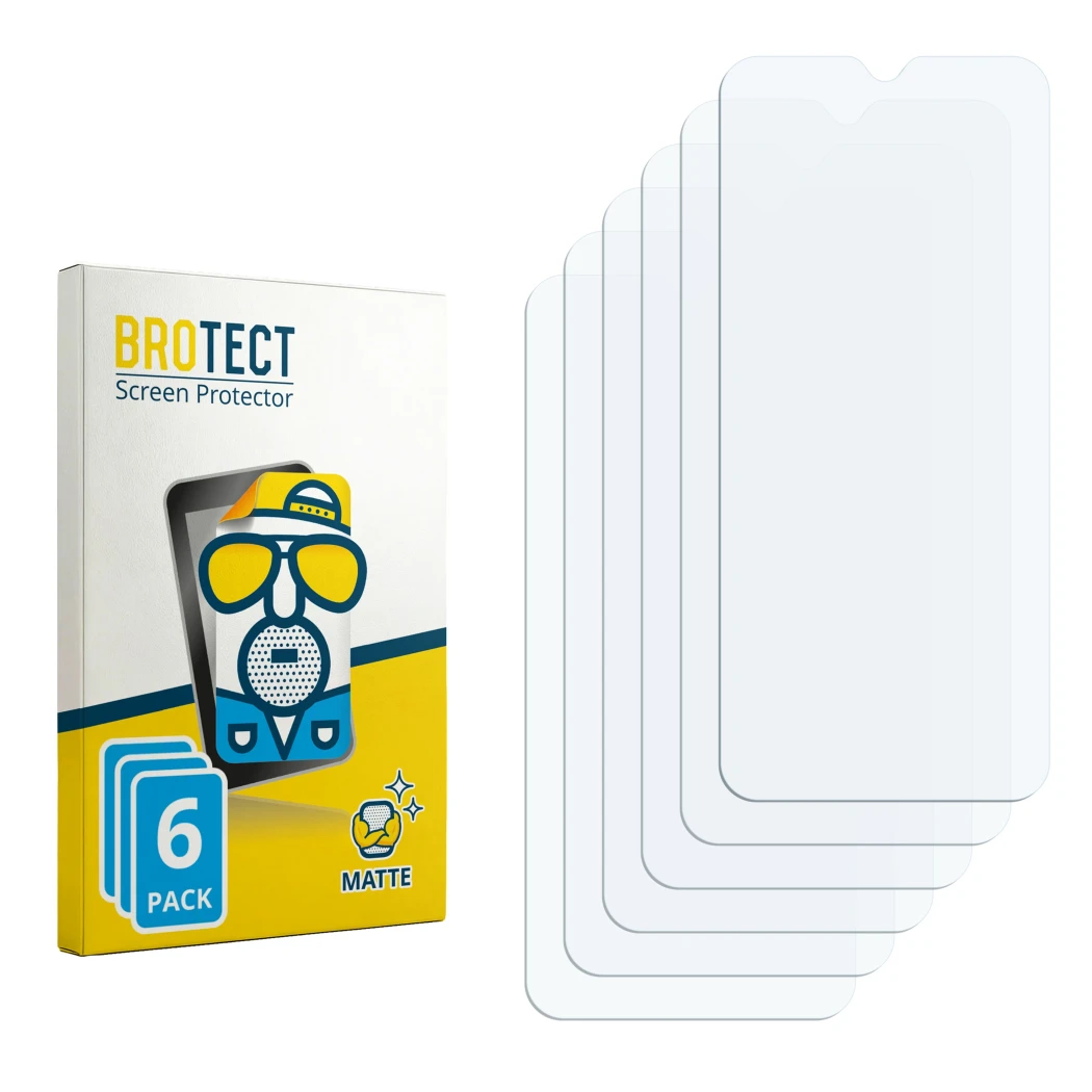 Parte frontal de un envase de producto con el logotipo de la marca BROTECT. Al lado está el protector de pantalla correspondie