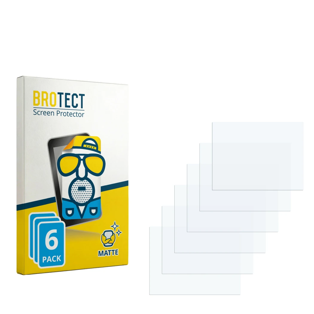 Parte frontal de un envase de producto con el logotipo de la marca BROTECT. Al lado está el protector de pantalla correspondie