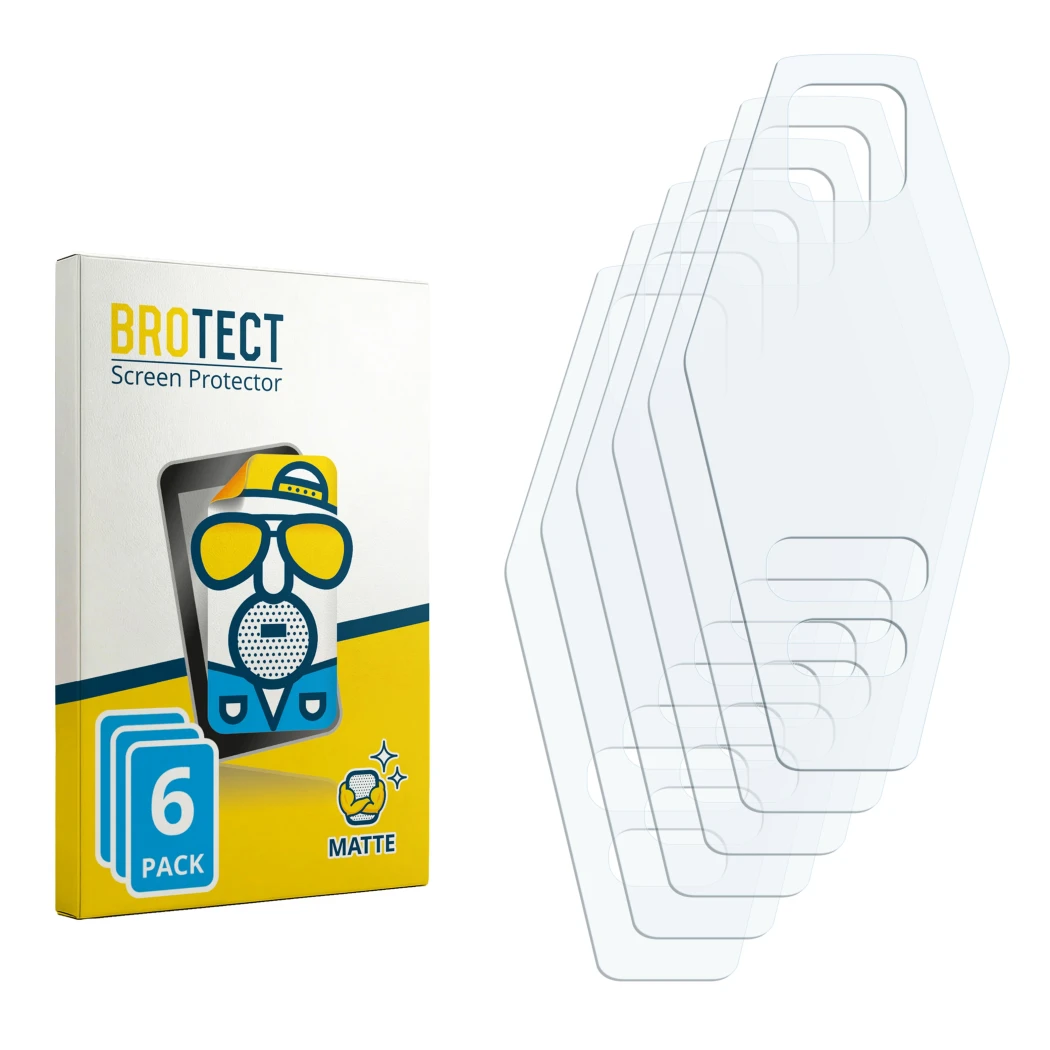 Parte frontal de un envase de producto con el logotipo de la marca BROTECT. Al lado está el protector de pantalla correspondie