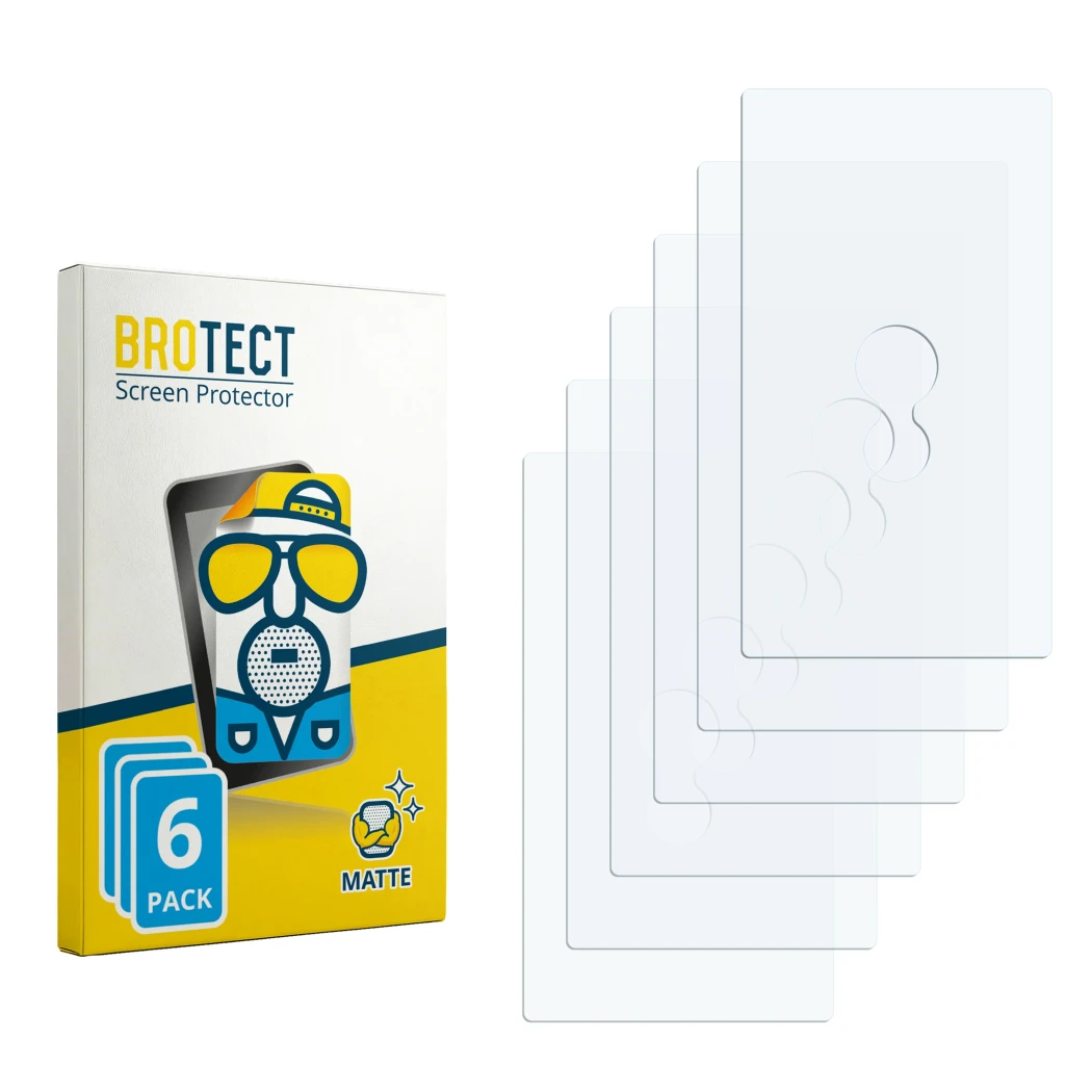 Parte frontal de un envase de producto con el logotipo de la marca BROTECT. Al lado está el protector de pantalla correspondie
