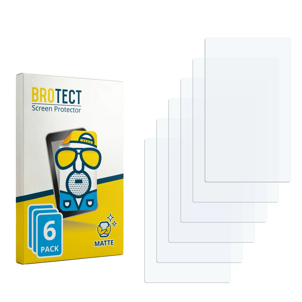 Parte frontal de un envase de producto con el logotipo de la marca BROTECT. Al lado está el protector de pantalla correspondie
