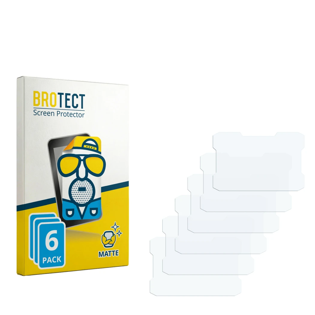 Parte frontal de un envase de producto con el logotipo de la marca BROTECT. Al lado está el protector de pantalla correspondie