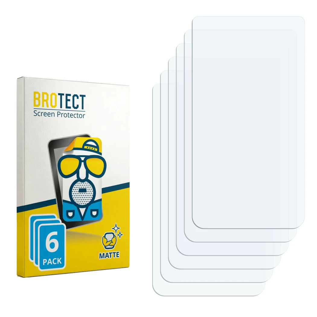 Parte frontal de un envase de producto con el logotipo de la marca BROTECT. Al lado está el protector de pantalla correspondie