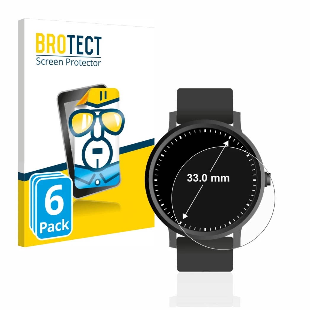 Parte frontal de un envase de producto con el logotipo de la marca BROTECT. Al lado se muestra el dispositivo Relojes (Circula