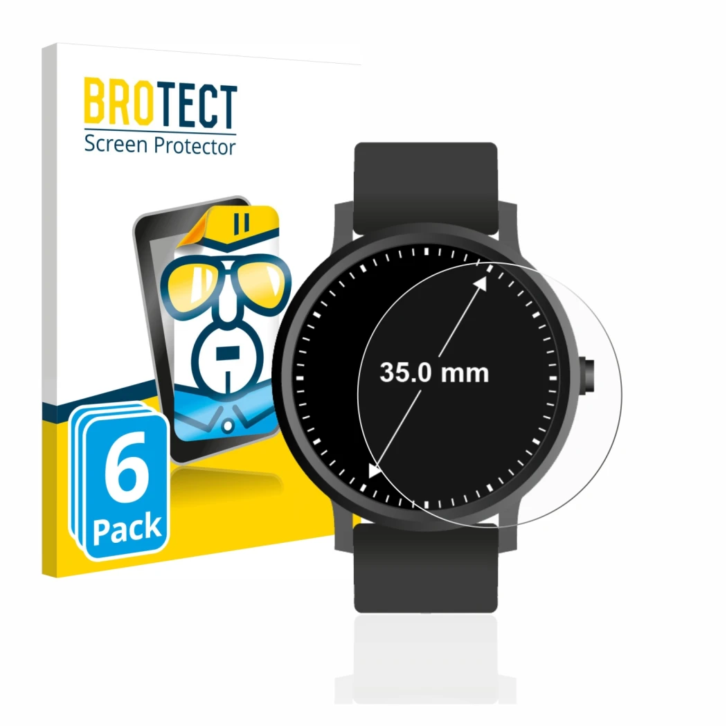 Parte frontal de un envase de producto con el logotipo de la marca BROTECT. Al lado se muestra el dispositivo Relojes (Circula