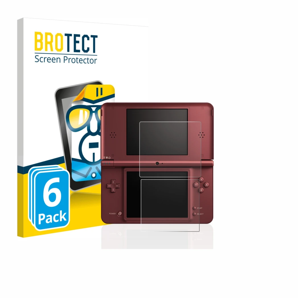Parte frontal de un envase de producto con el logotipo de la marca BROTECT. Al lado se muestra el dispositivo Nintendo DSi XL