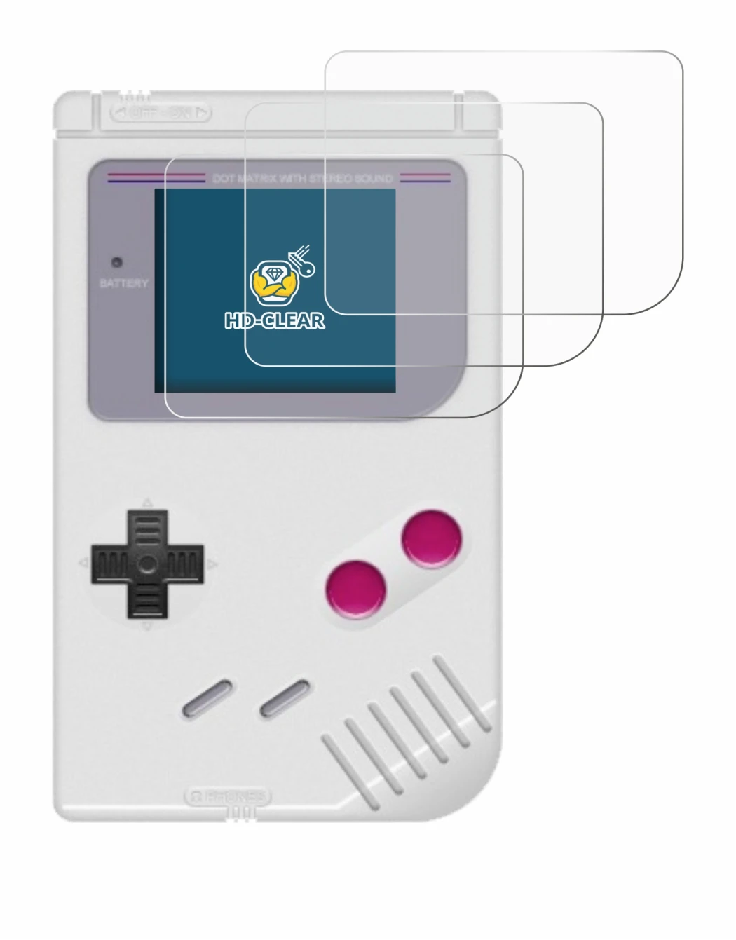 Imagen del dispositivo Nintendo Gameboy (1989) con una amplia variedad de protectores de pantalla.