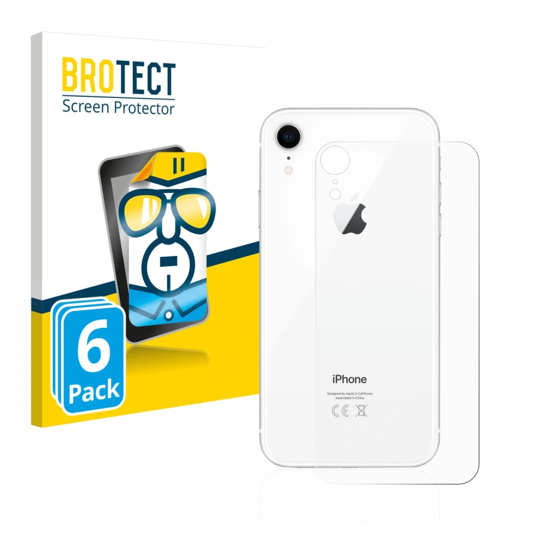 Parte frontal de un envase de producto con el logotipo de la marca BROTECT. Al lado se muestra el dispositivo Apple iPhone XR 