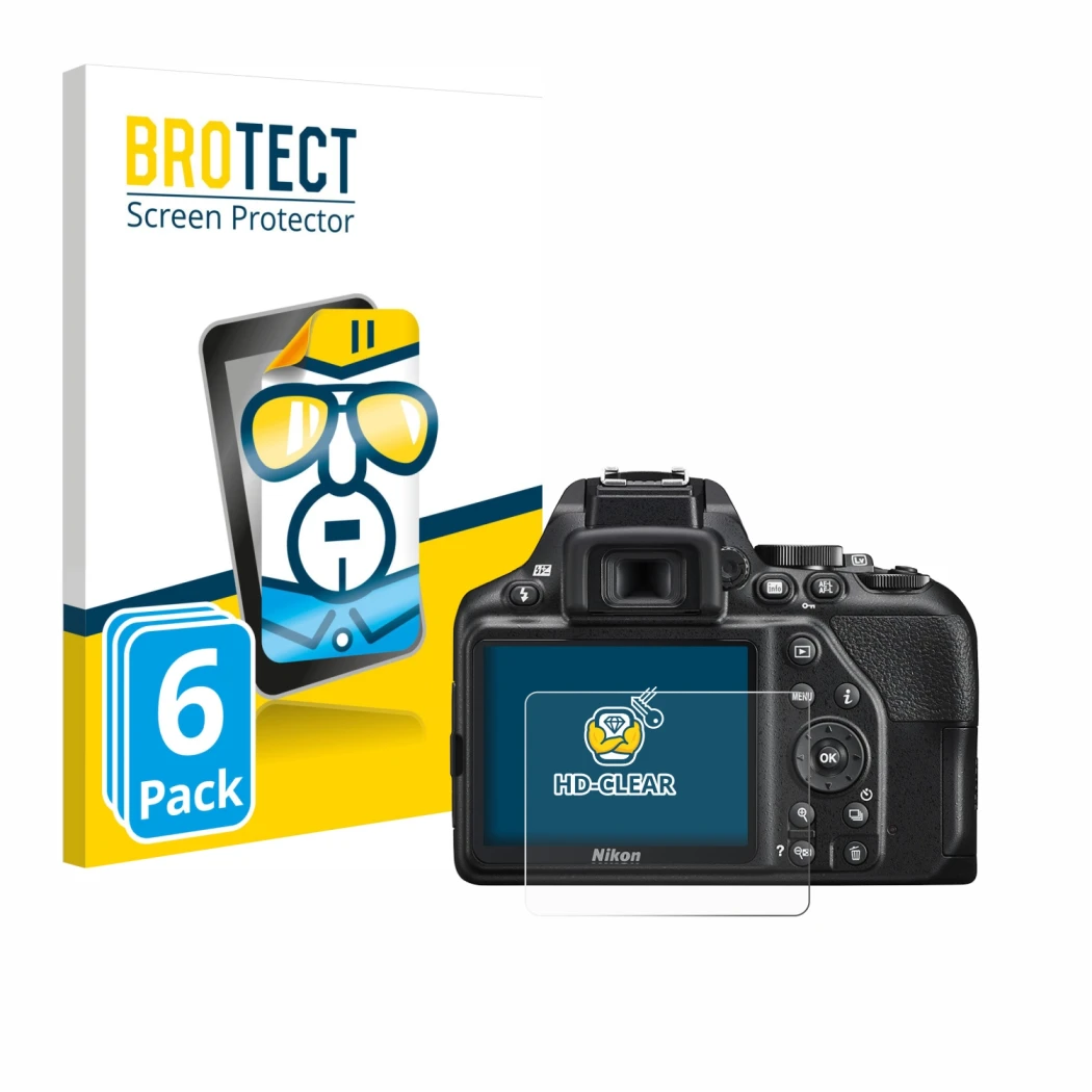Parte frontal de un envase de producto con el logotipo de la marca BROTECT. Al lado se muestra el dispositivo Nikon D3500 con