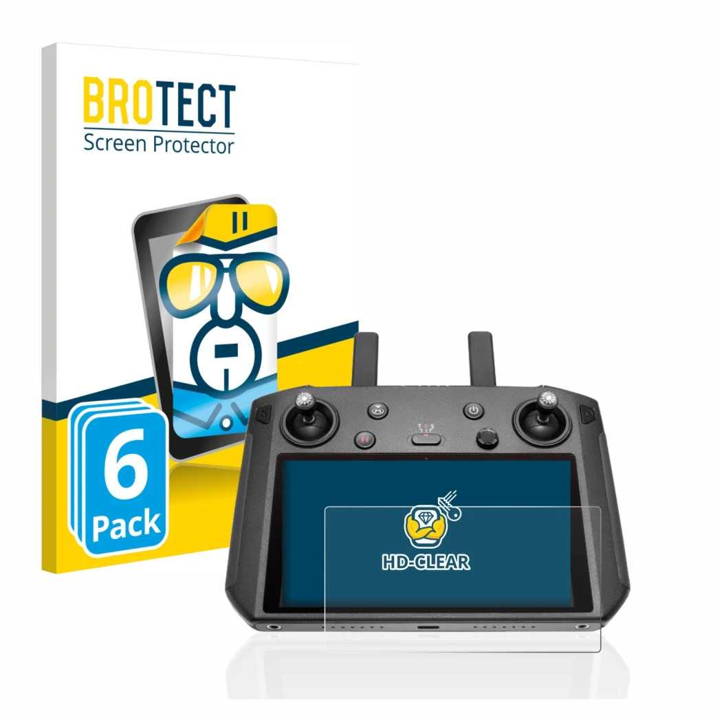 Parte frontal de un envase de producto con el logotipo de la marca BROTECT. Al lado se muestra el dispositivo DJI Smart Contro
