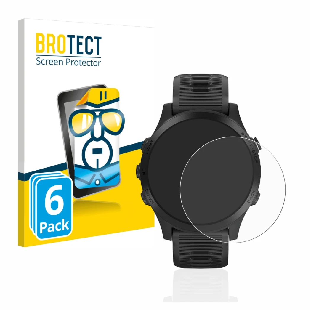 Parte frontal de un envase de producto con el logotipo de la marca BROTECT. Al lado se muestra el dispositivo Garmin Forerunne